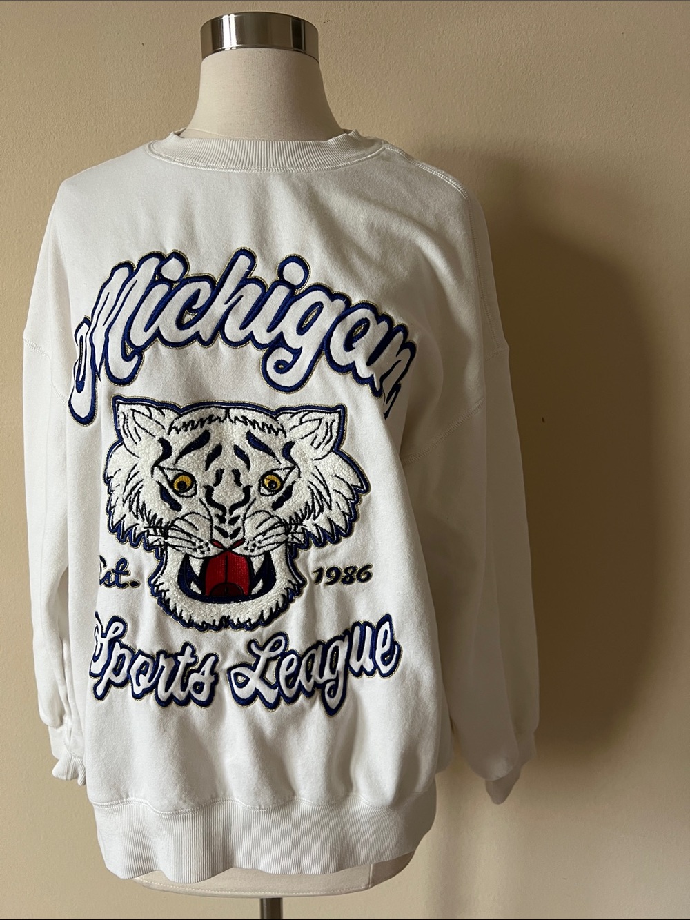 White Michigan Sports League Embroidered Tiger Sweatshirt